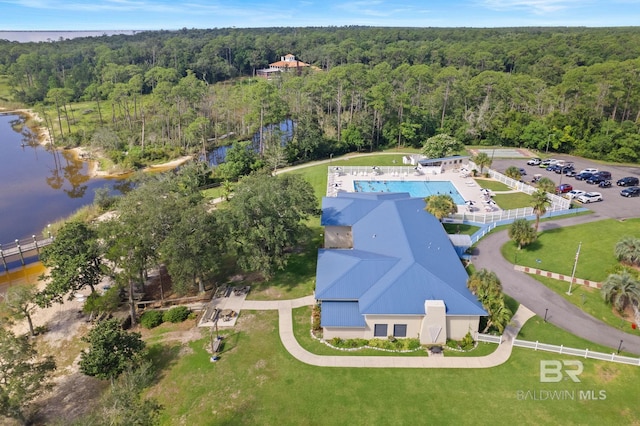 drone / aerial view with a water view