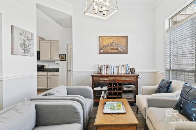 living room featuring crown molding