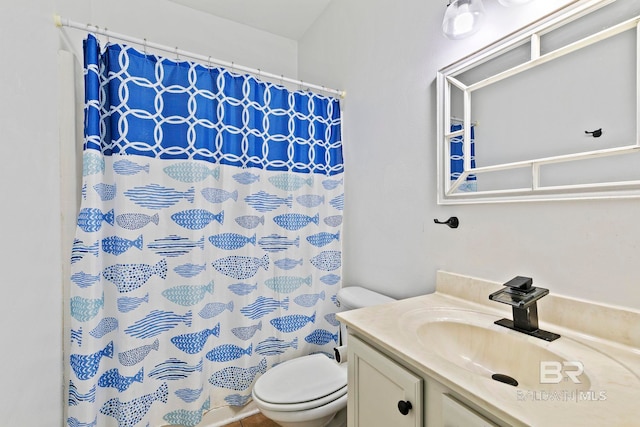 bathroom featuring vanity, toilet, and a shower with shower curtain