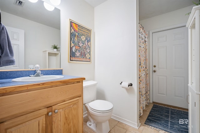 full bath with vanity, baseboards, visible vents, tile patterned flooring, and toilet