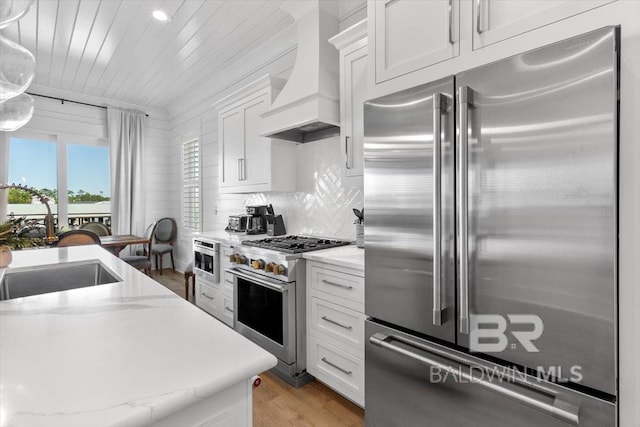 kitchen with light wood-style flooring, custom range hood, white cabinets, wood ceiling, and premium appliances