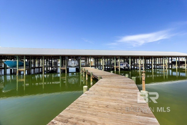 dock area featuring boat lift and a water view