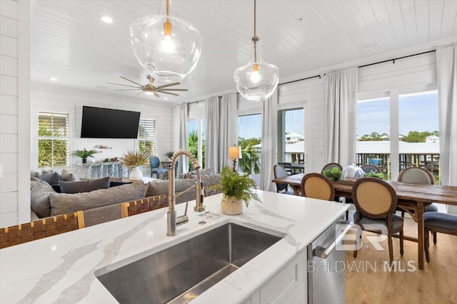 kitchen with stainless steel dishwasher, open floor plan, a wealth of natural light, and a sink