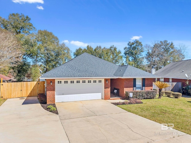 ranch-style home with fence, concrete driveway, a front lawn, a garage, and brick siding