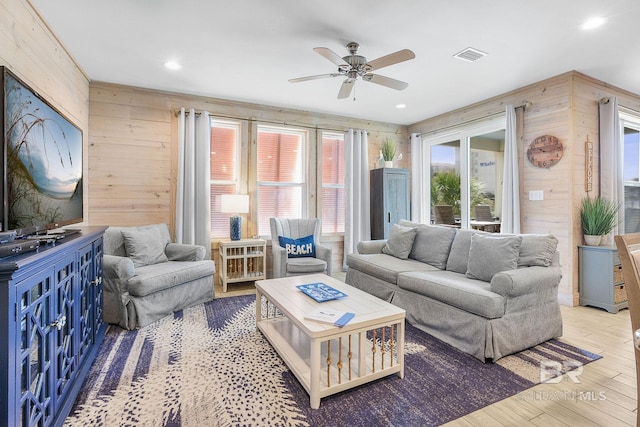 487 E 1st Ave Unit F, Gulf Shores, AL 36542 - living area featuring wooden walls, visible vents, hardwood / wood-style floors, and ceiling fan
