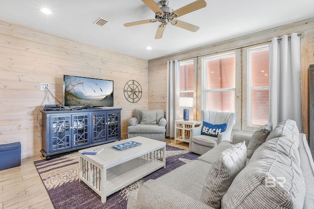 487 E 1st Ave Unit F, Gulf Shores, AL 36542 - living area featuring visible vents, wood walls, ceiling fan, and wood finished floors