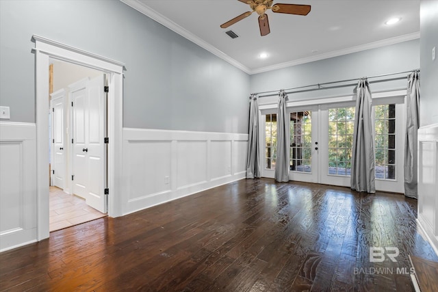 unfurnished room with ceiling fan, wood-type flooring, crown molding, and french doors