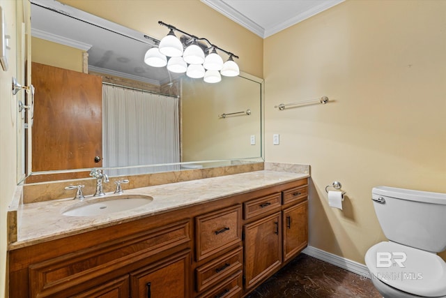 bathroom featuring crown molding, vanity, a shower with shower curtain, and toilet