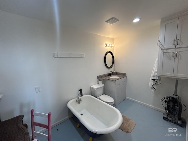 bathroom featuring baseboards, visible vents, vanity, and toilet