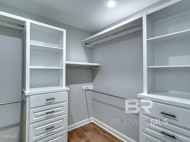 walk in closet featuring dark wood-style flooring