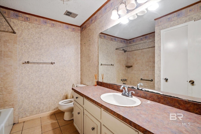 full bathroom with vanity, tile patterned flooring, a textured ceiling, crown molding, and toilet