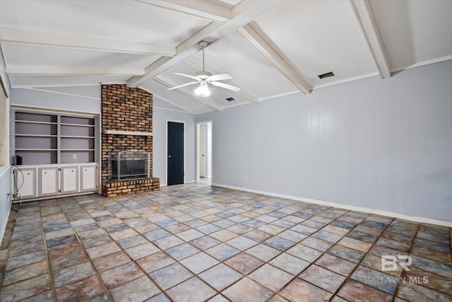 unfurnished living room with visible vents, baseboards, a brick fireplace, ceiling fan, and vaulted ceiling with beams