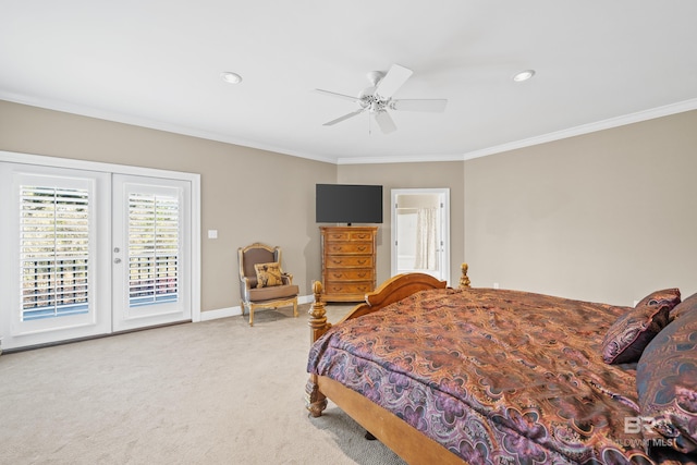 bedroom featuring carpet, baseboards, a ceiling fan, access to exterior, and crown molding