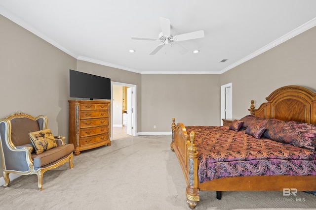 bedroom featuring light carpet, a ceiling fan, baseboards, and ornamental molding