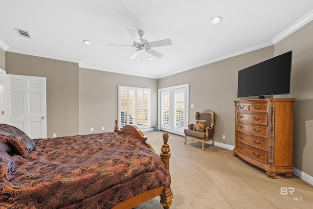 bedroom featuring visible vents, crown molding, baseboards, light colored carpet, and access to exterior