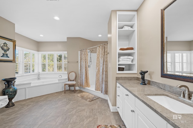 full bath with vanity, a bath, a shower with curtain, and recessed lighting