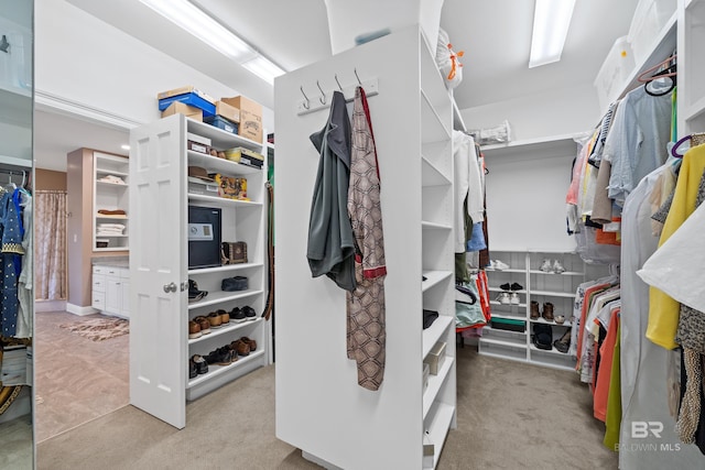 walk in closet with light carpet