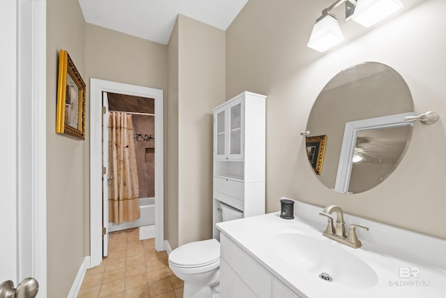 bathroom with toilet, shower / tub combo, tile patterned flooring, baseboards, and vanity