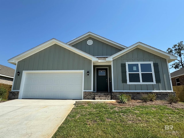 ranch-style house featuring a garage, concrete driveway, brick siding, and board and batten siding