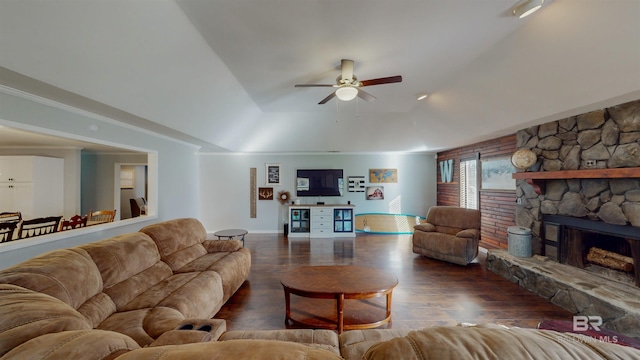 living room with ceiling fan, dark hardwood / wood-style flooring, and a fireplace