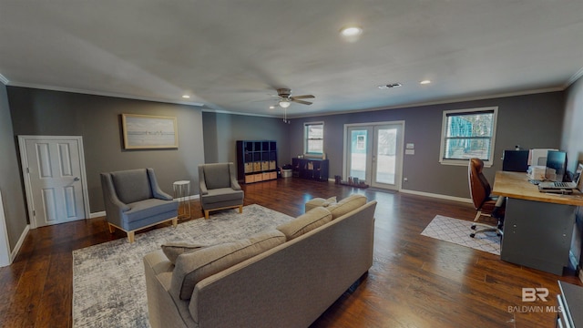 living room featuring ceiling fan, french doors, dark hardwood / wood-style flooring, and crown molding