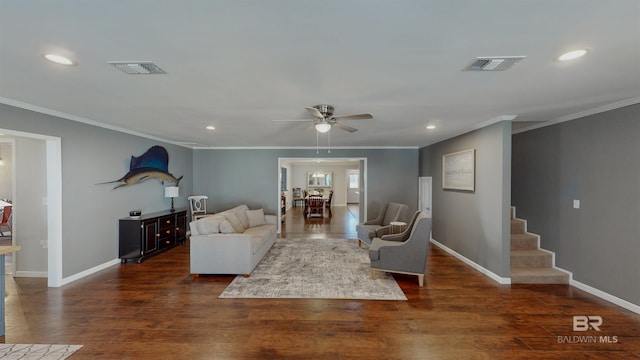 living room with ceiling fan, ornamental molding, and dark hardwood / wood-style floors