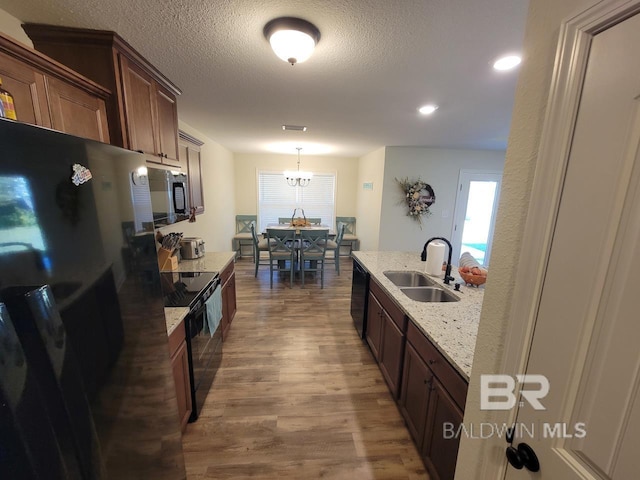 kitchen featuring a healthy amount of sunlight, dark wood-type flooring, black appliances, and a sink