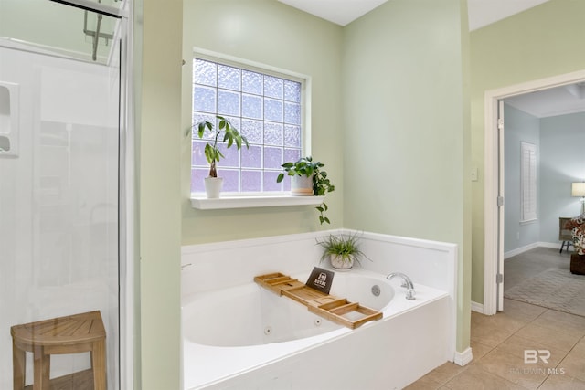 bathroom featuring tile patterned floors and plus walk in shower