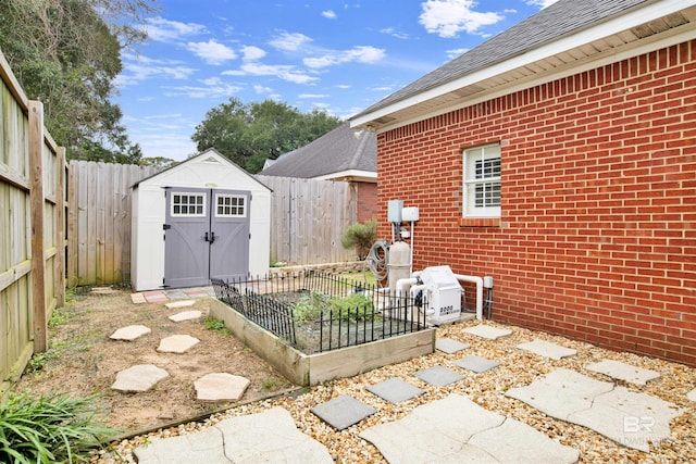 view of patio / terrace featuring a shed