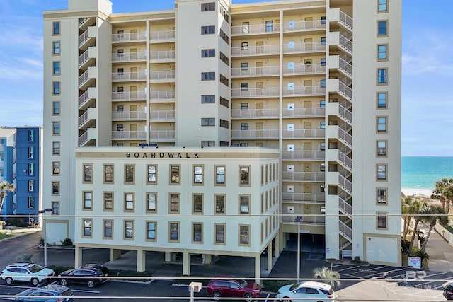 view of building exterior with a water view