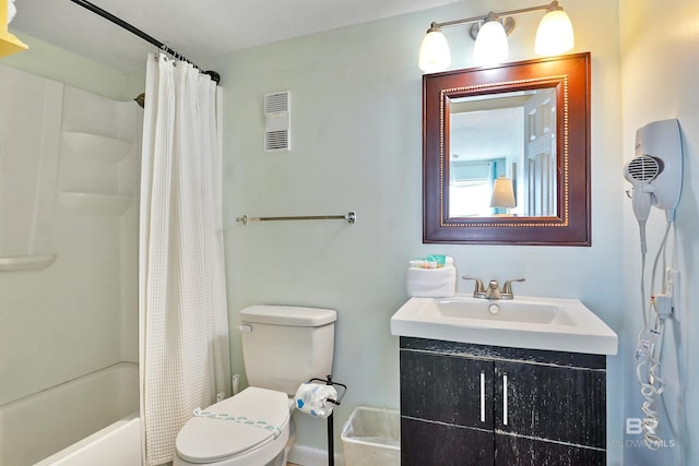 full bath with toilet, visible vents, shower / tub combo with curtain, and vanity