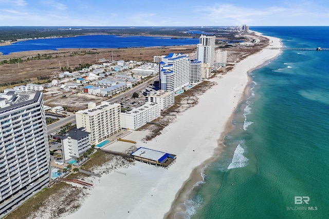 bird's eye view with a view of city, a beach view, and a water view