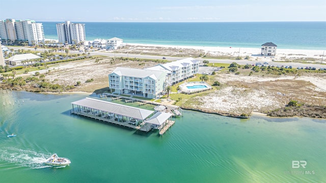 drone / aerial view featuring a water view