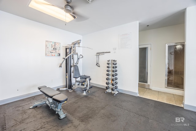 workout area with ceiling fan