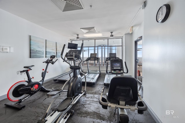 workout area featuring ceiling fan