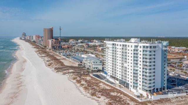 drone / aerial view with a water view and a beach view