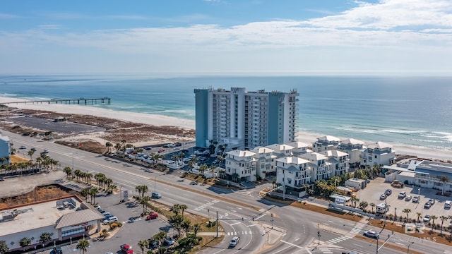 drone / aerial view with a water view and a view of the beach