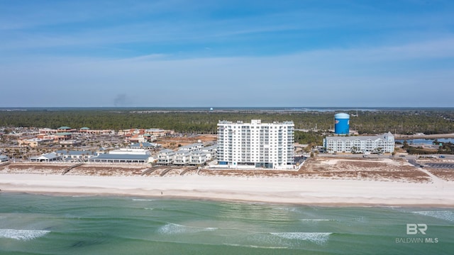bird's eye view featuring a water view and a view of the beach