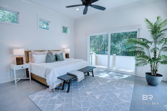 bedroom featuring ceiling fan, access to exterior, tile patterned floors, and ornamental molding