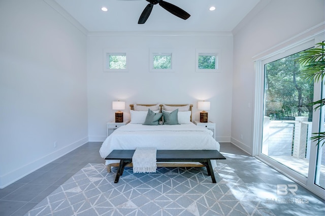 bedroom with ceiling fan, access to exterior, crown molding, and tile patterned flooring