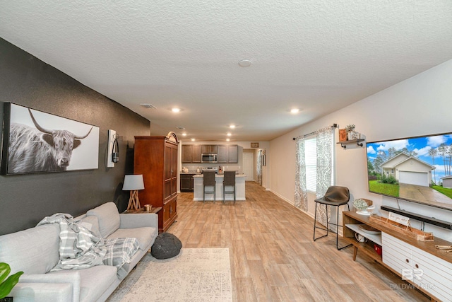 living room with a textured ceiling and light hardwood / wood-style flooring