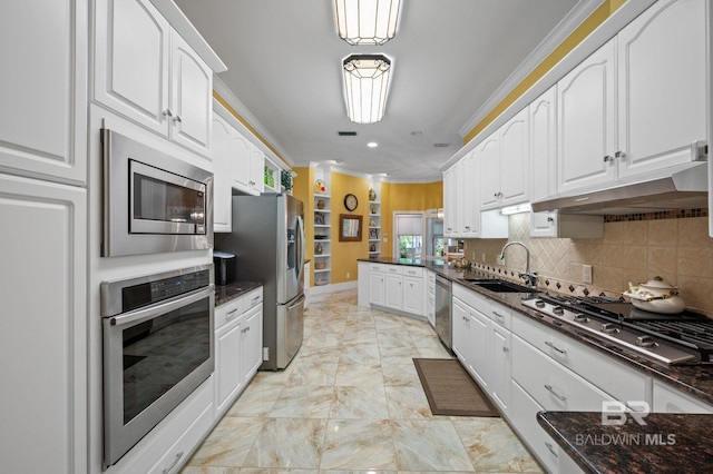 137 Mcintosh Bluff Rd, Fairhope, AL 36532 - kitchen featuring stainless steel appliances, a sink, under cabinet range hood, white cabinetry, and backsplash