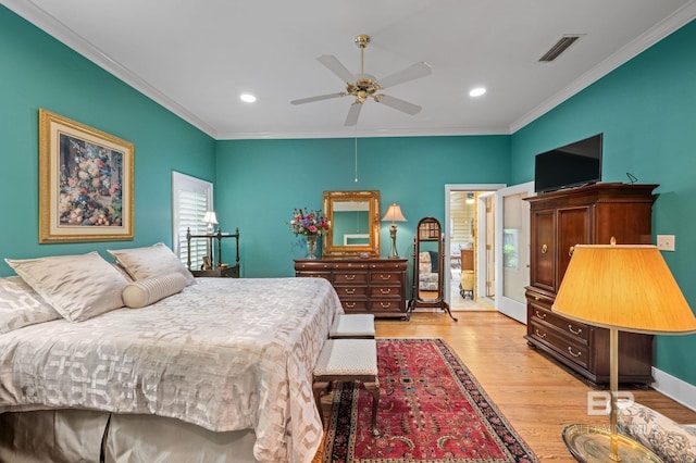 137 Mcintosh Bluff Rd, Fairhope, AL 36532 - bedroom featuring ornamental molding, wood finished floors, recessed lighting, baseboards, and ceiling fan
