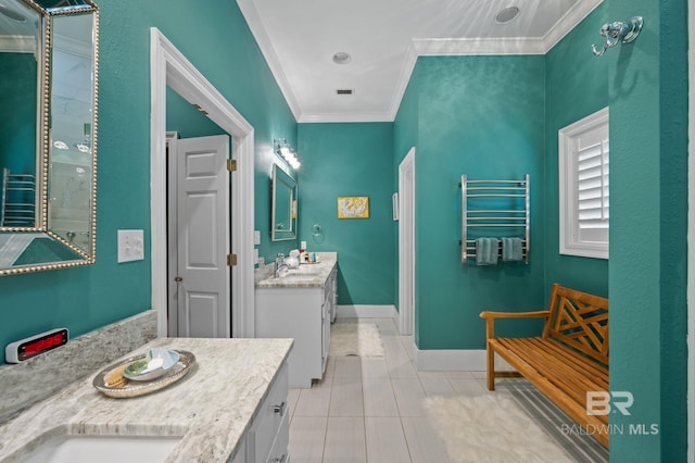 137 Mcintosh Bluff Rd, Fairhope, AL 36532 - bathroom with vanity, crown molding, tile patterned flooring, and baseboards