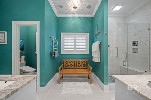 137 Mcintosh Bluff Rd, Fairhope, AL 36532 - full bathroom featuring vanity, a marble finish shower, crown molding, baseboards, and toilet