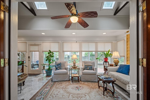 137 Mcintosh Bluff Rd, Fairhope, AL 36532 - living room with a skylight, marble finish floors, a ceiling fan, and recessed lighting