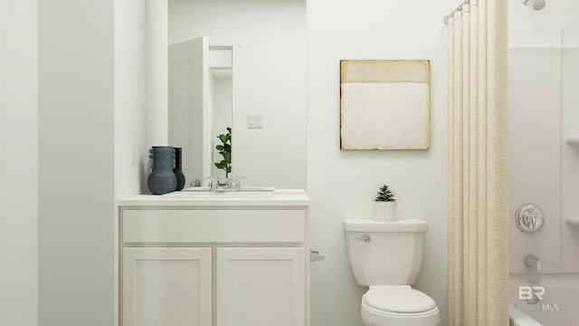 full bathroom featuring vanity, shower / tub combo with curtain, and toilet