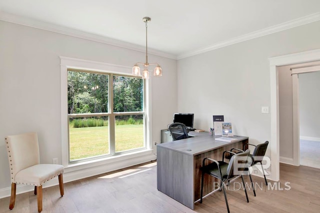 office space with an inviting chandelier, plenty of natural light, light hardwood / wood-style flooring, and crown molding