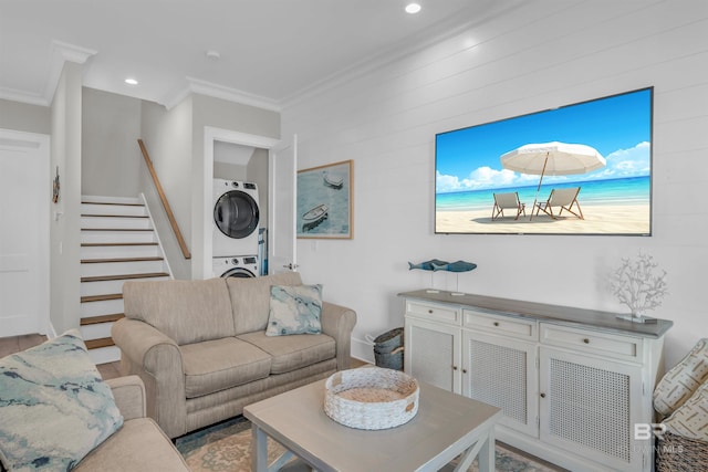 1592 W Beach Blvd, Gulf Shores, AL 36542 - living room featuring stacked washer / drying machine and crown molding