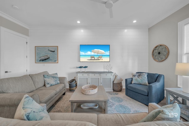 1592 W Beach Blvd, Gulf Shores, AL 36542 - living room with ceiling fan and crown molding